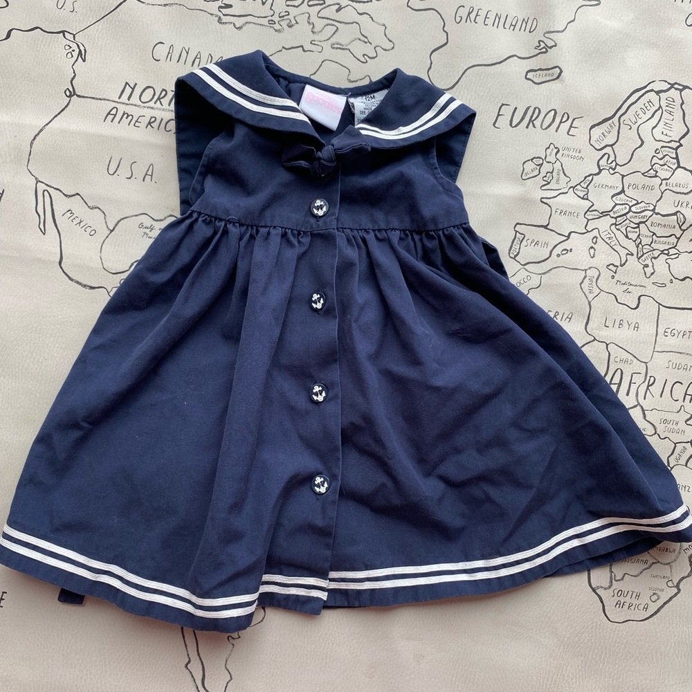 Navy vintage nautical sailor dress by Little Goodies, anchor buttons, little bow